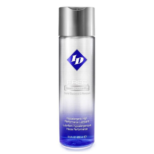 id lube hypoallergenic waterbased lubricant in a clear bottle with a white label.