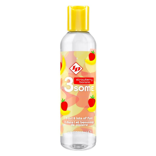id lube strawberry banana flavoured 3 in 1 lubricant in a red bottle, 118ml.