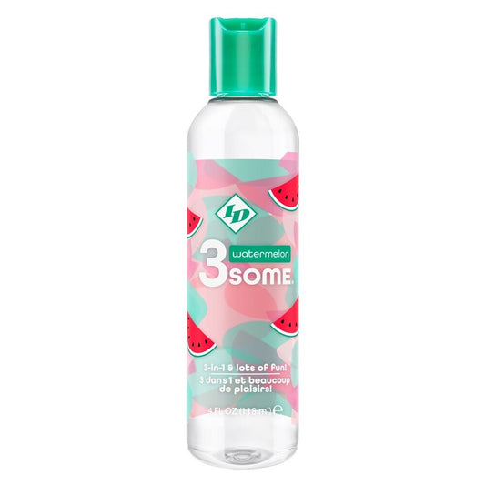 id 3some watermelon flavoured lubricant in a clear bottle with a pink liquid inside.