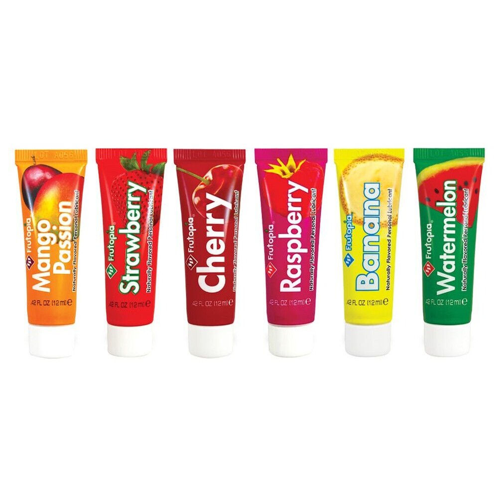 Five colourful tubes of id frutopia flavoured personal lubricant in an assorted sampler pack.