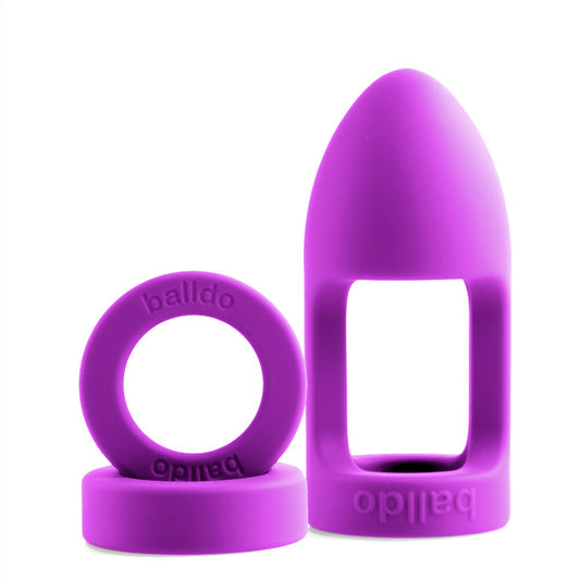 Purple balldo, a reusable penis sleeve with a textured ball detail, from various toy brands.