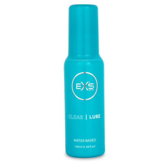 Bottle of clear exs premium lubricant, 100ml, for enhanced pleasure and comfort.