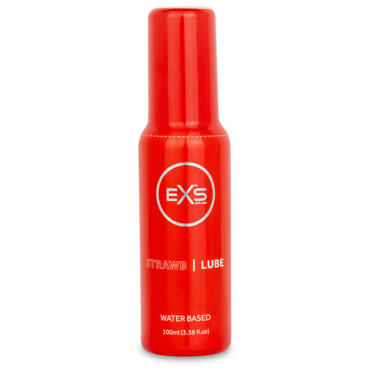 Exs condoms premium strawberry lubricant in a red and white bottle, 100ml.