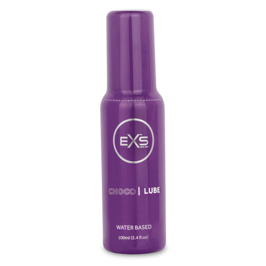 Bottle of exs premium chocolate lubricant, a smooth, dark brown personal gel.