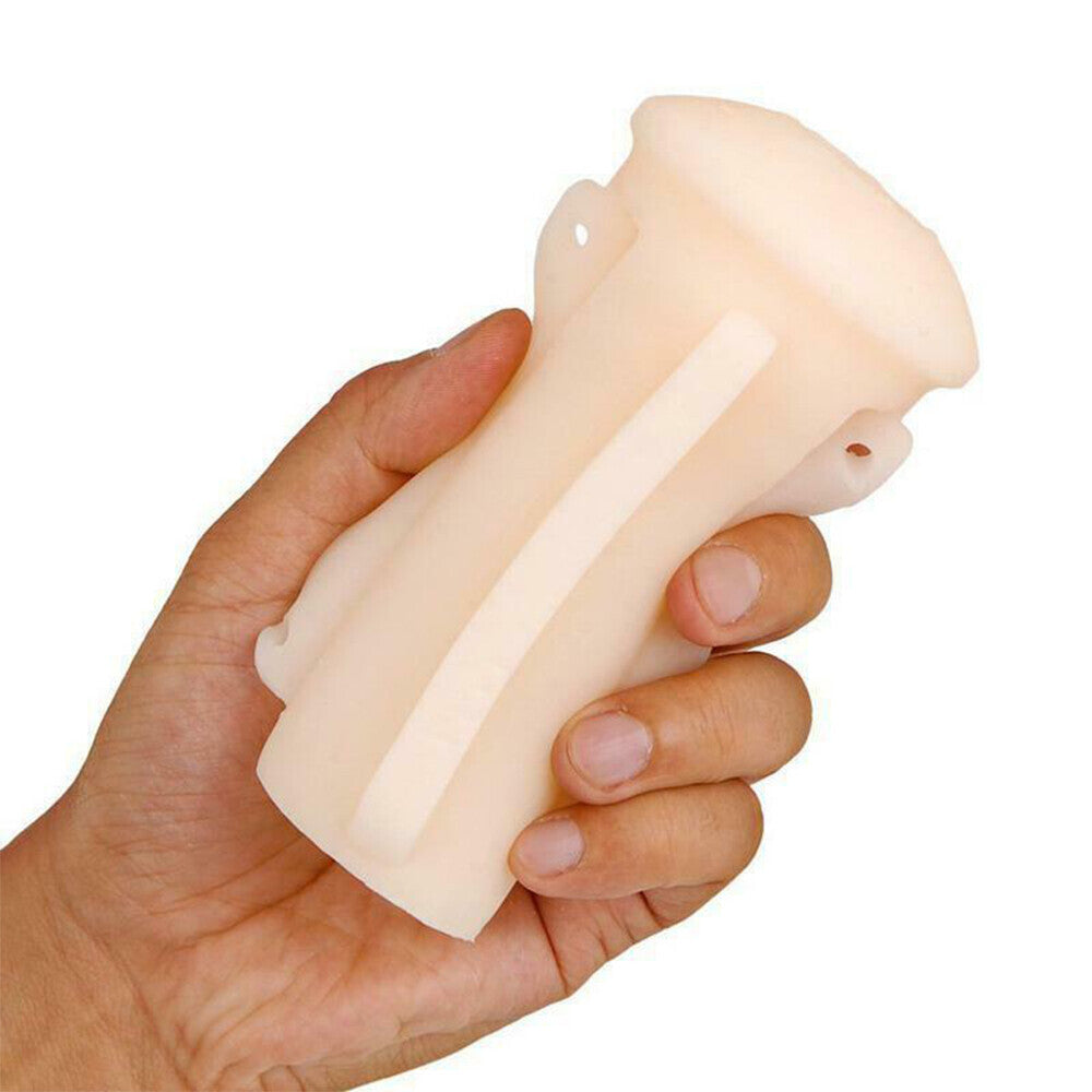 Close-up of the silver RENDS Vorze A10 Cyclone Narrow Insert vibrating masturbator, showcasing its sleek design.