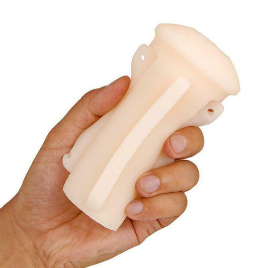 Close-up of the silver RENDS Vorze A10 Cyclone Narrow Insert vibrating masturbator, showcasing its sleek design.