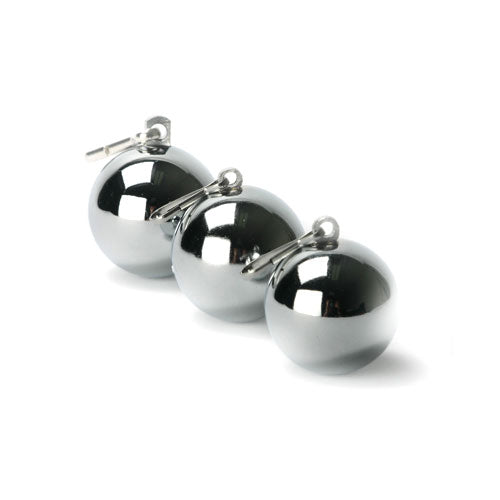 Shiny chrome ball weights, eight ounces each, for cock and ball bondage play.