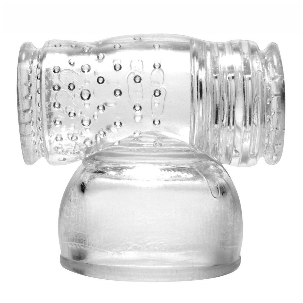 A translucent, textured hummhim wand attachment from wand essentials, designed for massage and pleasure.
