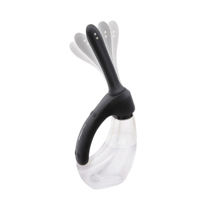 Rechargeable auto douche for personal hygiene, pictured in white plastic with various nozzle attachments.