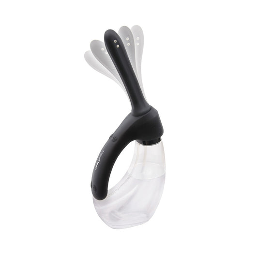 Rechargeable auto douche for personal hygiene, pictured in white plastic with various nozzle attachments.