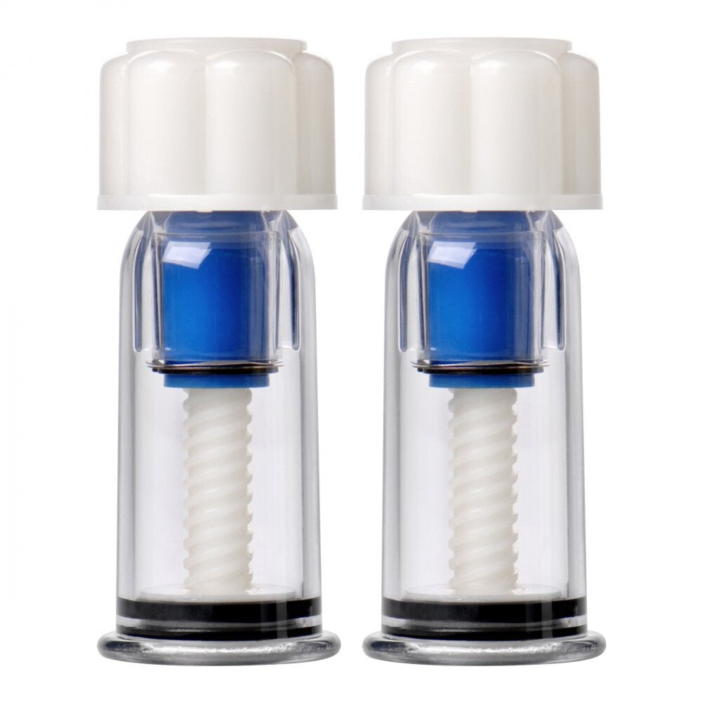 size matters two-piece female nipple suckers, transparent plastic with pink bulb for enhanced pumping.