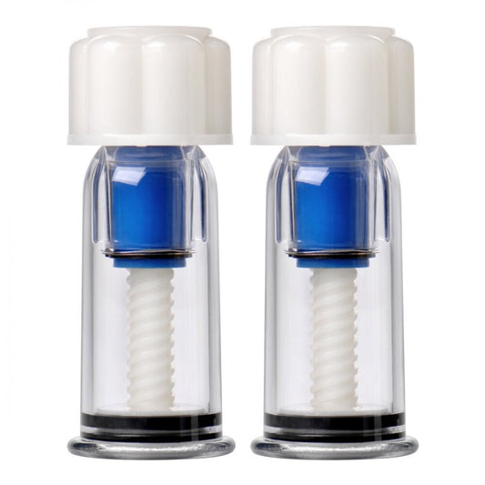 size matters two-piece female nipple suckers, transparent plastic with pink bulb for enhanced pumping.