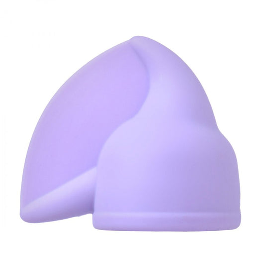 Close-up of a purple, soft-touch silicone flutter tip attachment for a wand massager.