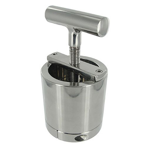 Master Series ball press chamber, steel construction for controlled cock and ball bondage.