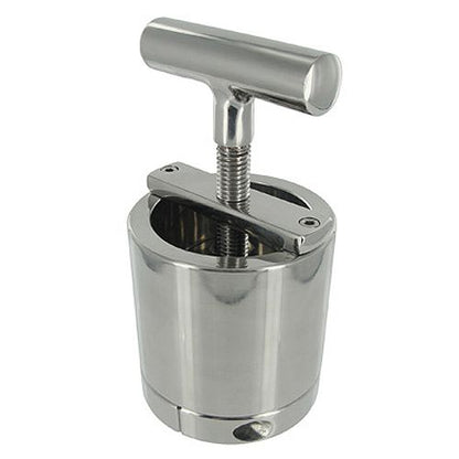 Master Series ball press chamber, steel construction for controlled cock and ball bondage.
