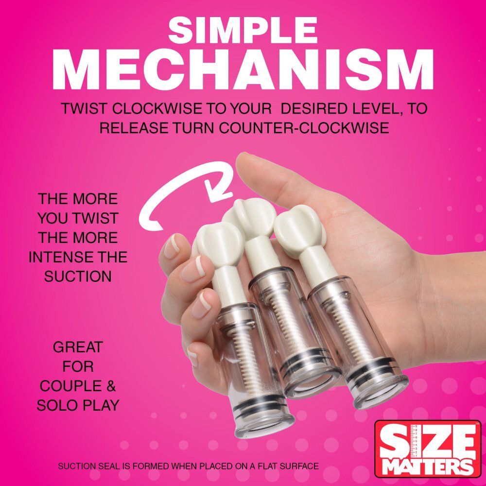 Size Matters triple sucker set for clit and nipples, clear plastic for female pumping.