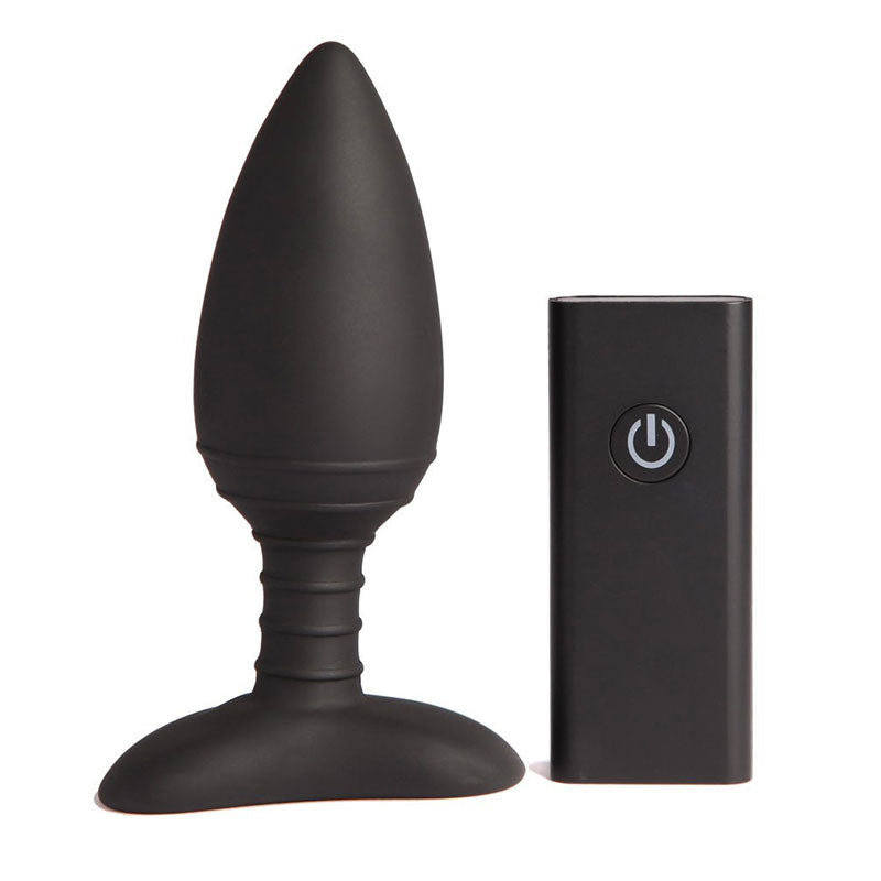 Nexus ace rechargeable butt plug in smooth black silicone for anal pleasure.