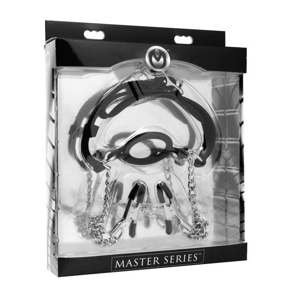 Master Series silicone o-ring gag with nipple clamps for breathplay and sensory deprivation.