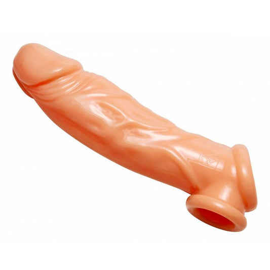 Realistic flesh-coloured penis enhancer and ball stretcher, approximately 8 inches long.