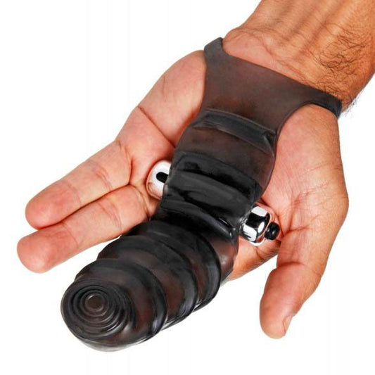 Master Series vibrating finger glove, flesh-toned silicone with textured detailing for enhanced stimulation.