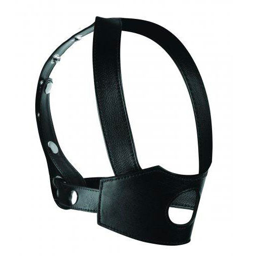 Master Series dildo face harness made of black leather with adjustable straps for pleasure.