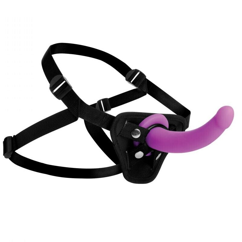 Navigator u strap on dildo in black, with a comfortable harness for g-spot stimulation.