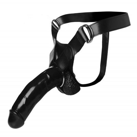 Black, nine-inch Master Series Infiltrator 2 hollow strap on dildo for couples.
