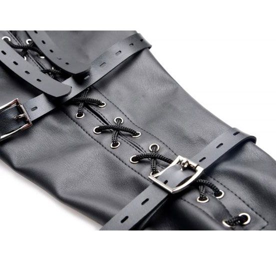 xr brands strict full sleeve arm binder restraint device in black, close up