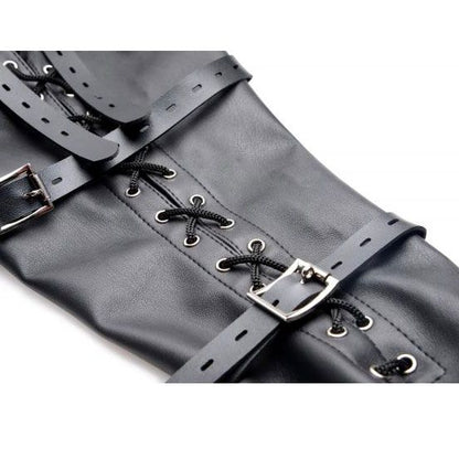 xr brands strict full sleeve arm binder restraint device in black, close up