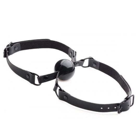 The XR Brands doppleganger silicone double mouth gag, a black and shiny adult novelty item.