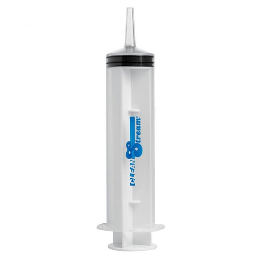 clear plastic enema syringe with a bulb and nozzle, 150ml capacity, medical instrument
