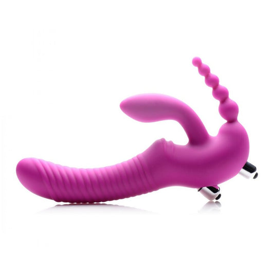 Vibrating, triple-G, purple silicone strapless strap on dildo from XR Brands, perfect for exciting play.