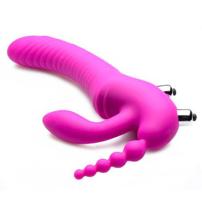 Regal Rider purple silicone strapless strap on dildo with three pleasure points, vibrating.