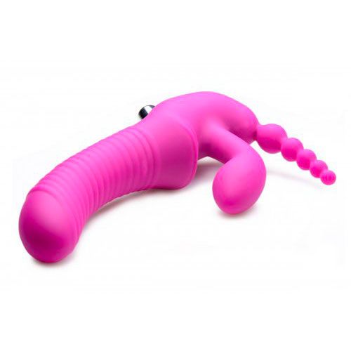 Silicone triple g strapless strap on dildo in regal purple with vibrating function.
