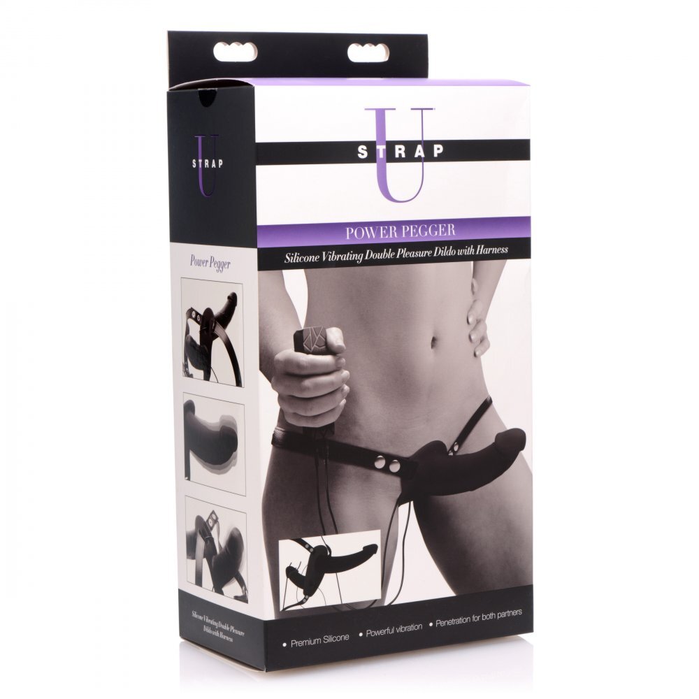 Black silicone vibrating double dildo with harness for pegging, XR Brands accessory.