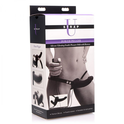 Black silicone vibrating double dildo with harness for pegging, XR Brands accessory.