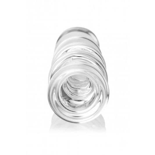Master Series glass dildo with anal links, transparent finish, for intimate pleasure.