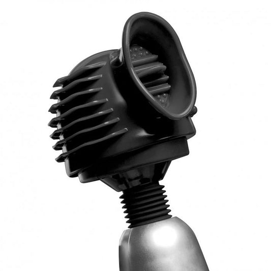 A purple silicone wand attachment from XR Brands, ribbed for enhanced pleasure during massage.