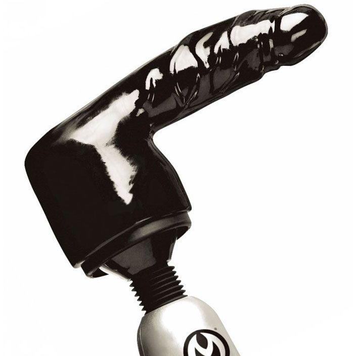A silvery wand massager attachment with a ridged texture, designed for intimate use.