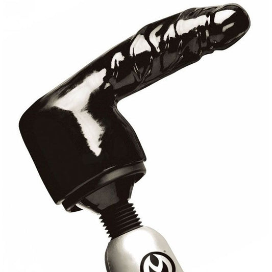 A silvery wand massager attachment with a ridged texture, designed for intimate use.