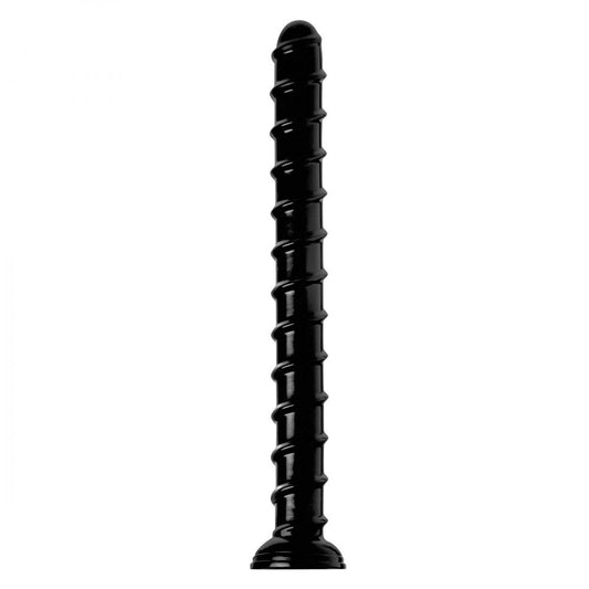 Hosed 18-inch swirl anal dildo, thick snake-like design with a textured finish, dark colour.