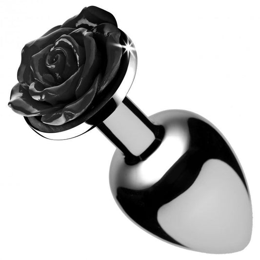 Large black anal plug with a rose design at the base, for intimate play