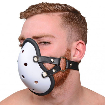 Black athletic cup muzzle from xr brands, a gag made for kinky fun.