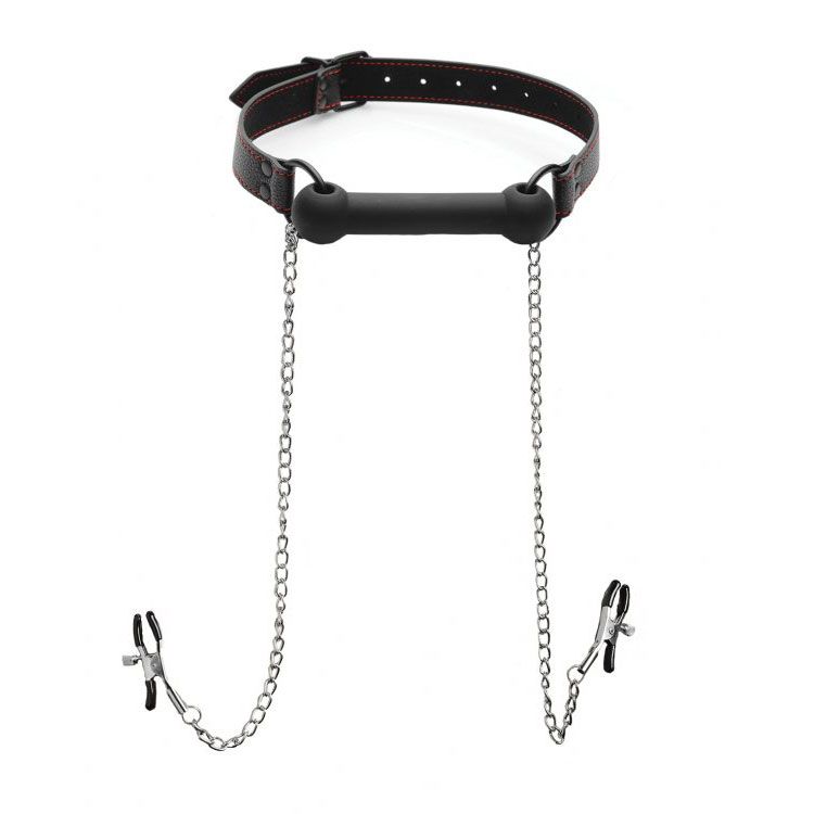 xr brands silicone bit gag with nipple clamps for pleasurable restraint and sensation play