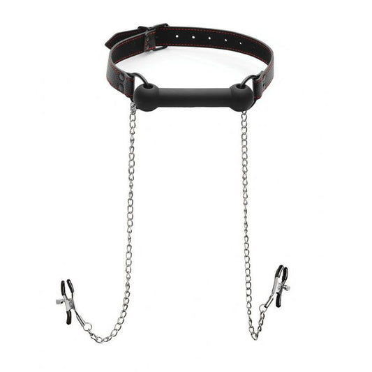 xr brands silicone bit gag with nipple clamps for pleasurable restraint and sensation play
