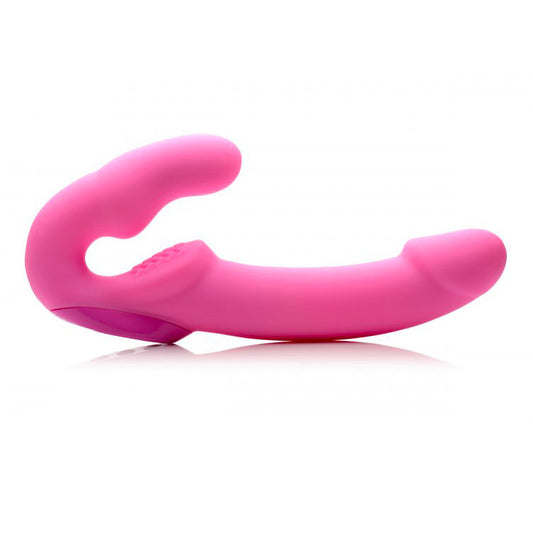 Rechargeable strapless strap on vibrator with remote, purple silicone with a smooth finish.