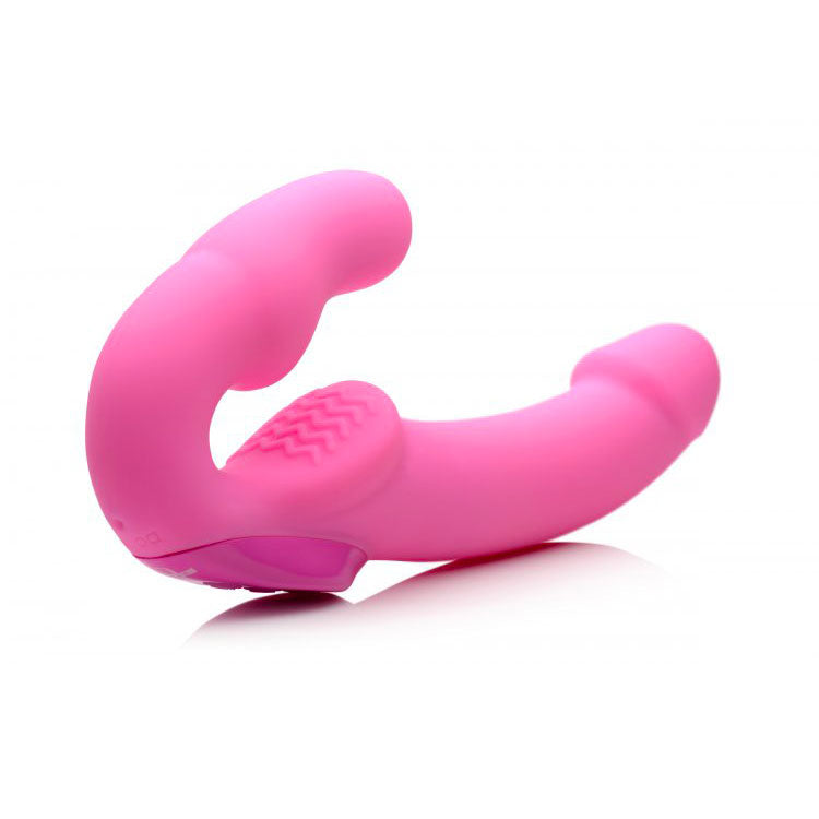 xr brands strapless strap on sex toy, purple silicone with a rechargeable remote.