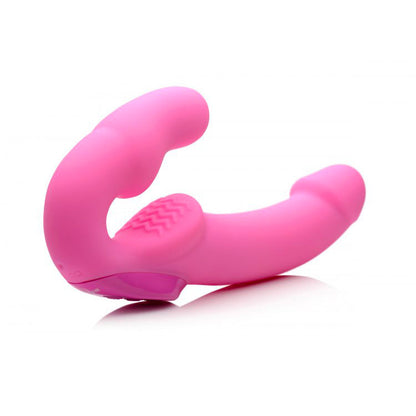 xr brands strapless strap on sex toy, purple silicone with a rechargeable remote.