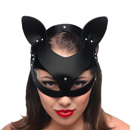 Leather cat mask in black from xr brands' master series bondage hoods.