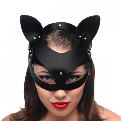 Leather cat mask in black from xr brands' master series bondage hoods.